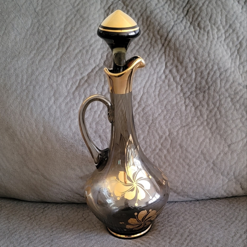14” Romanian MidCent Smoked Glass 22k Gold Carafe Decanter Czech Bohemian